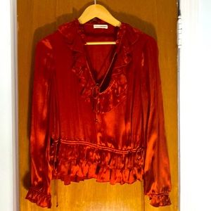 Ulla Johnson deep rust colored silk blouse with drawstrings at waist